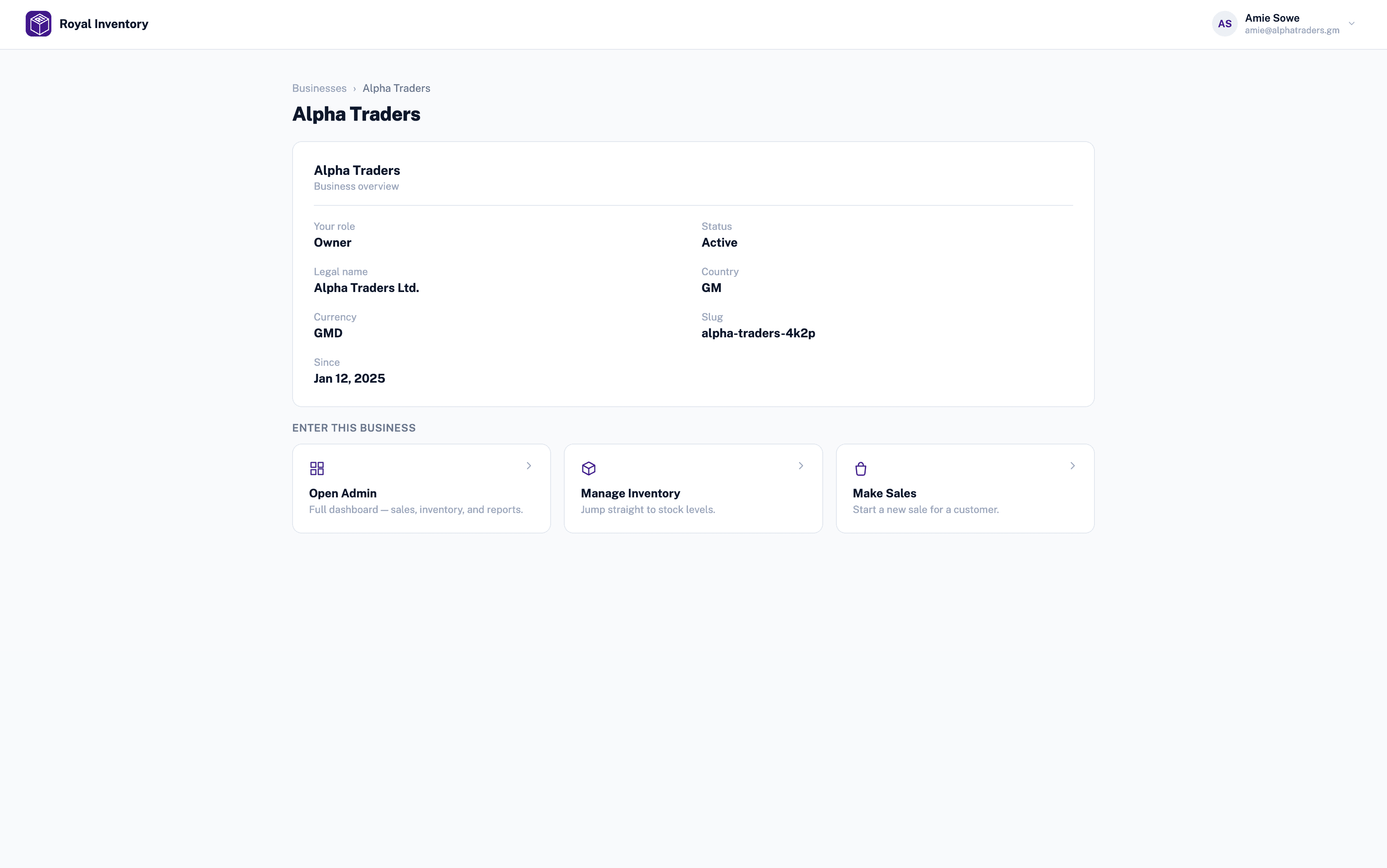 Royal Inventory business hub for switching between businesses